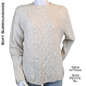 Soft Surroundings Marianna Sweater XL Petite Taupe.Heather Cable Knit Crew NEW